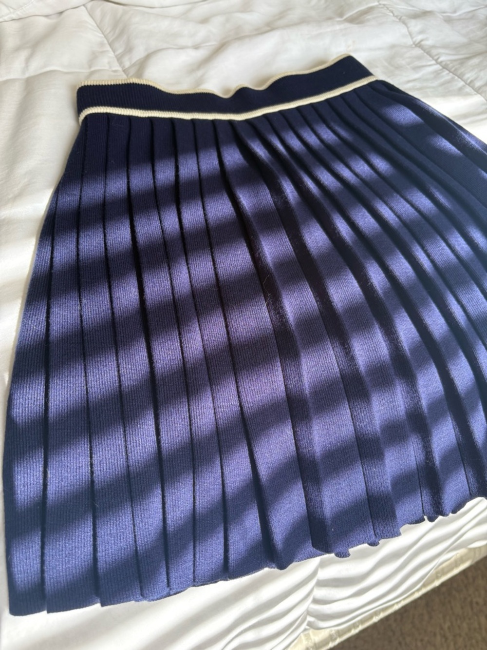 Navy Pleated Mini Skirt with Cream-Trim Waistband